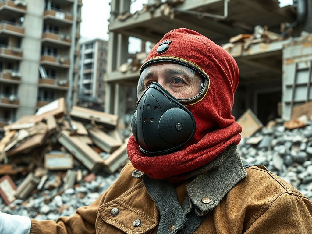 Человек в защитной маске и капюшоне стоит на фоне разрушенного здания и завалов.