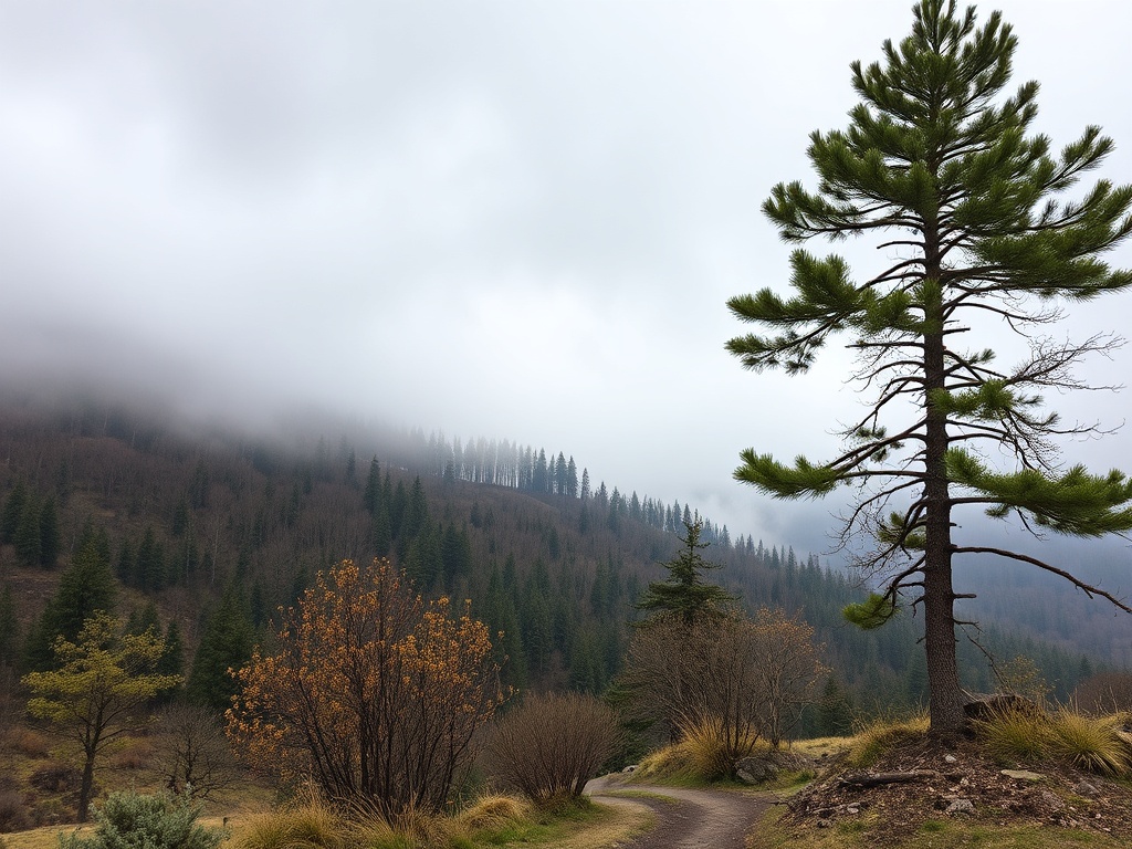 Туманное утро в лесу. Высокие деревья и извивающаяся дорожка среди осенних растений.