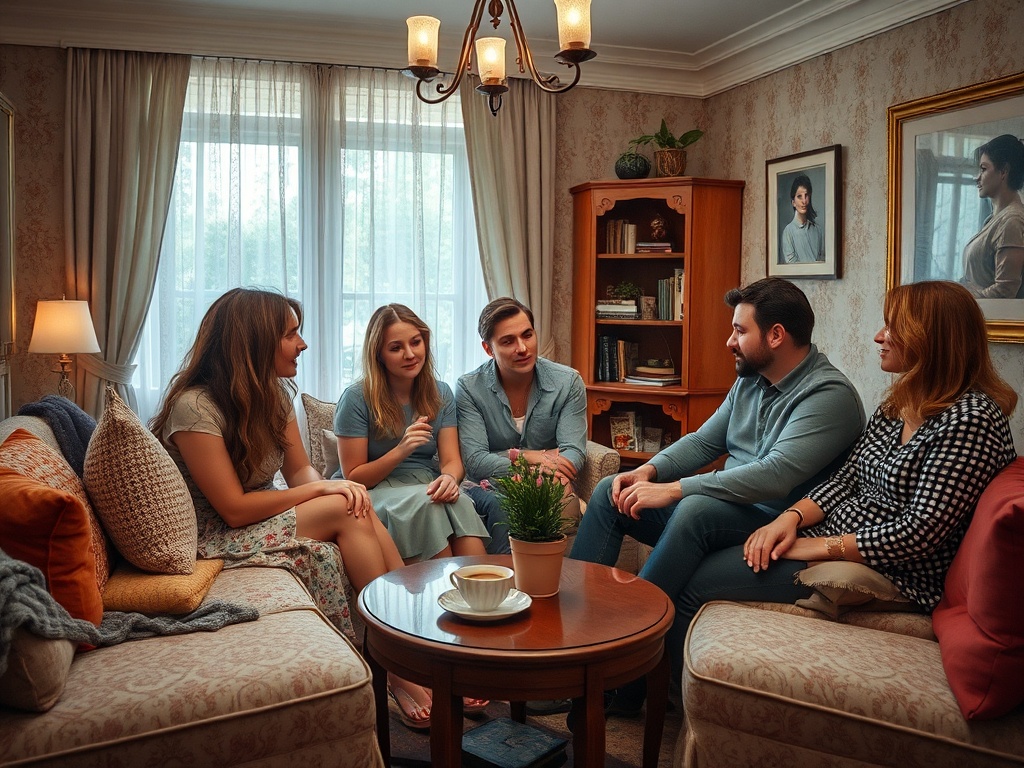 В уютной комнате пятеро людей обсуждают что-то за круглым столом, яркий свет проникает через окна.