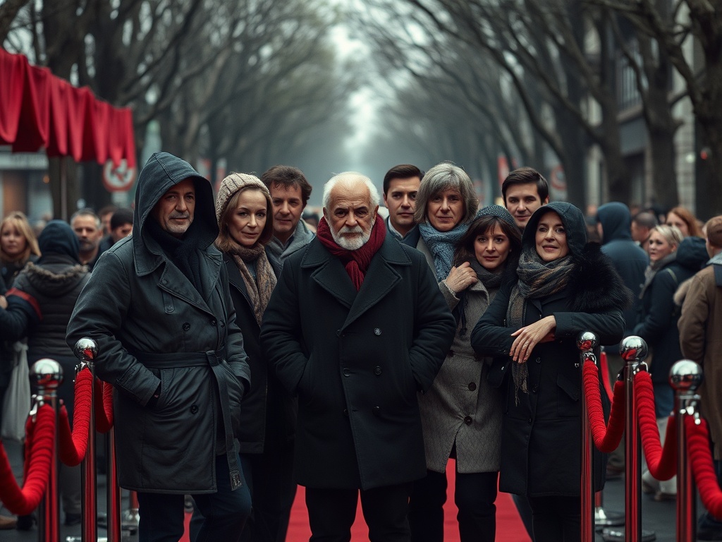 На красной дорожке стоят группа людей, одетых в тёплую одежду, в туманной атмосфере.