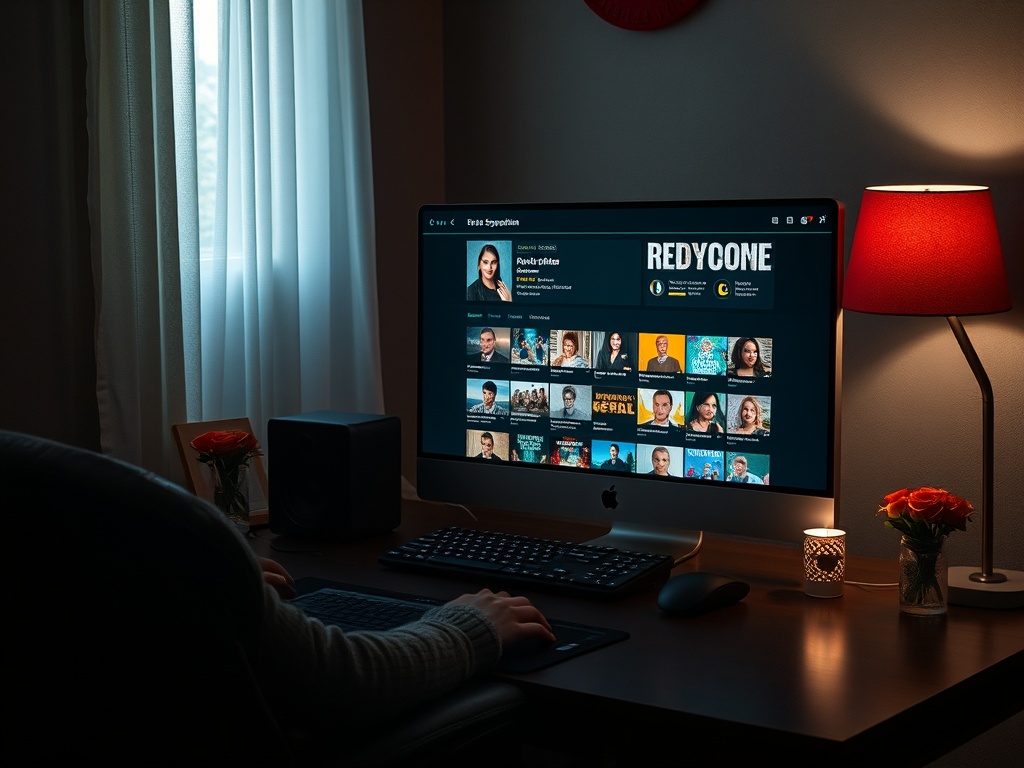 Человек за столом смотрит на экран компьютера с профилями и вебинаром под названием "РЕДИКОП".