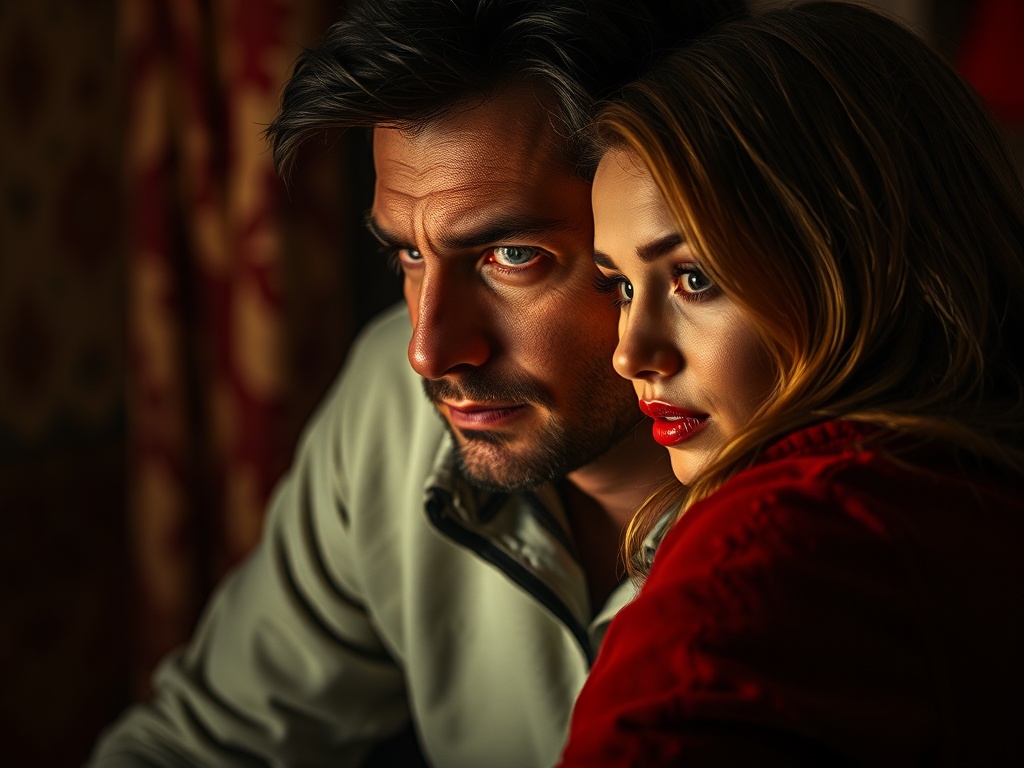 Два человека близко стоят друг к другу, их лица освещены мягким светом, создающим интимную атмосферу.