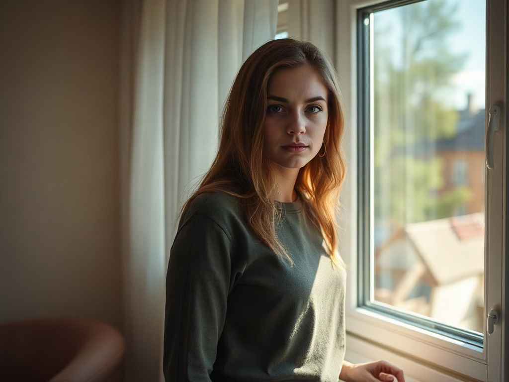 На фотографии девушка с длинными волосами стоит у окна, смотря вдаль на улицу. Светлое утро.