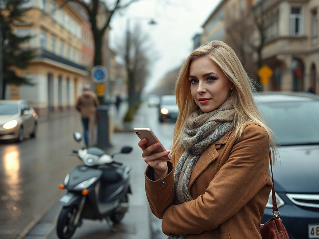 На улице девушка с телефоном в руках, одетая в коричневое пальто и шарф, на фоне автомобилей и улицы.